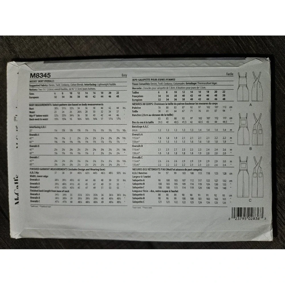 McCalls M8345 Misses Skirt Overalls Sewing Pattern Uncut Size 14-22 Easy DIY